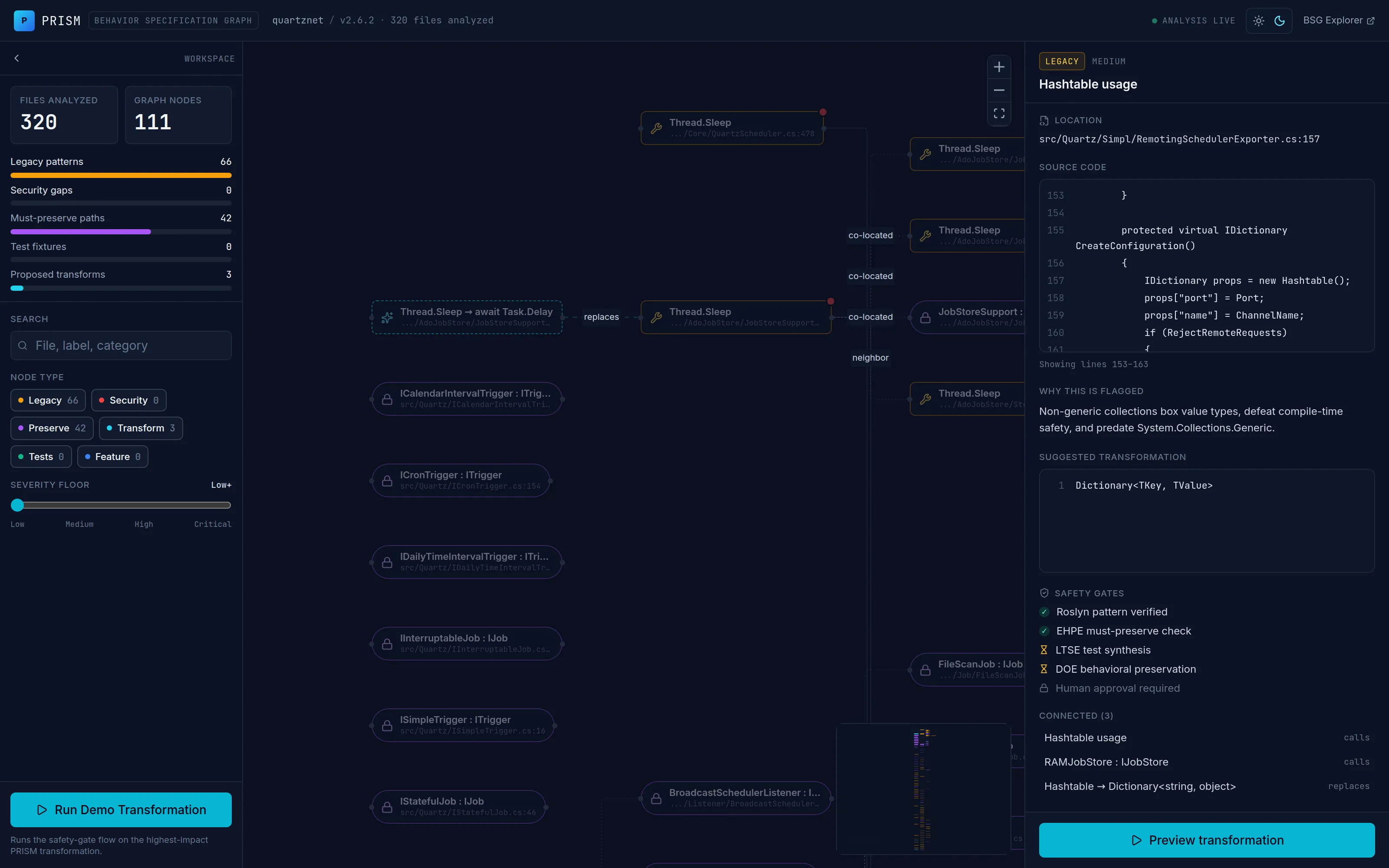 PRISM Behavior Specification Graph of Quartz.NET with legacy patterns, must-preserve paths, and evidence panels.